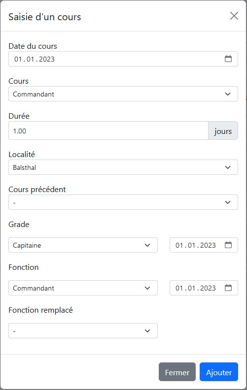 Fenêtre ajout cours