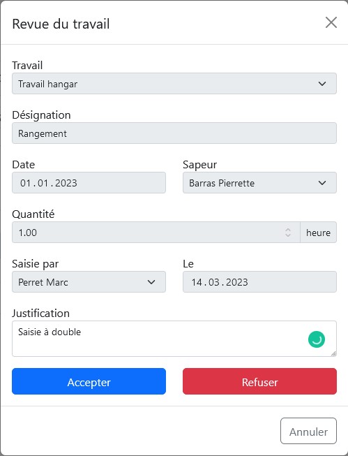 Fenêtre de revue d'un travail